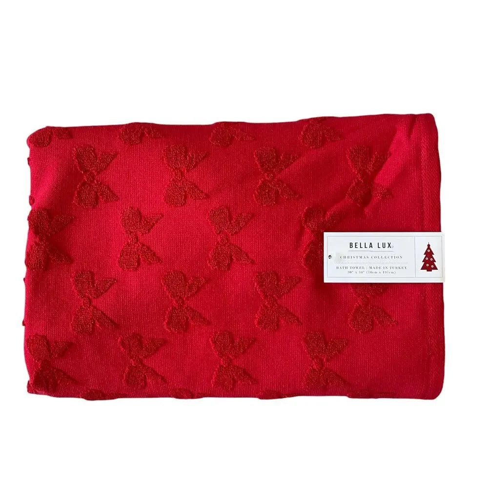 Bella Lux Christmas BOWS Bath Towel Set of 2 Chic Holiday Red Bathroom Decor New